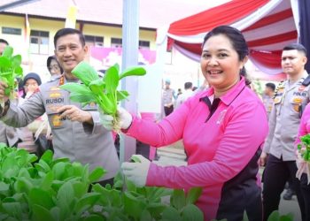 Kapolda Jambi dampingi 
Ketua Bhayangkari Daerah Jambi Ny Rena Rusdi menebar ribuan benih bibit ikan nila bertempat di SPN Polda Jambi, Senin (24/2) foto : poldajambi