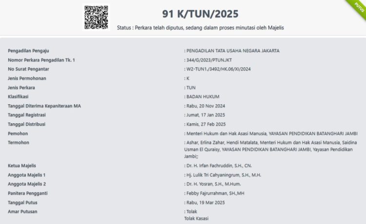 Salinan Putusan Nomor 91 K/TUN/2025 yang diakses pada website Mahkamah Agung. foto : istimewa 