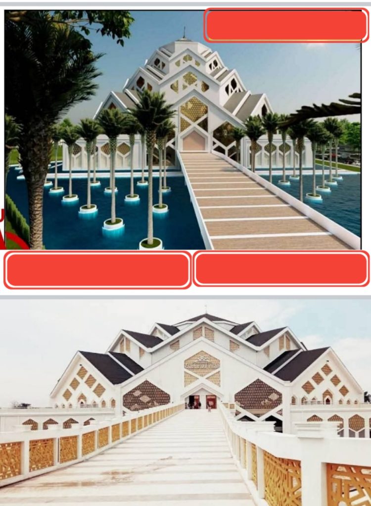 Desain awal Masjid Tsamaratul Insan dan Setelah Dibangun.foto: gmsmedia