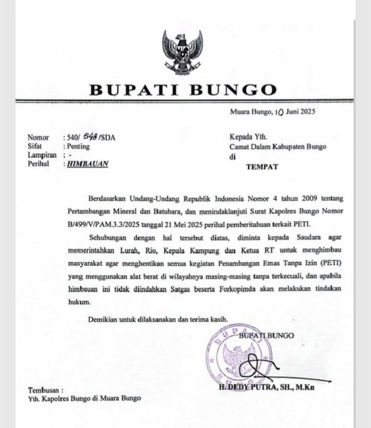 Surat Himbaun Bupati Bungo. foto : istimewa