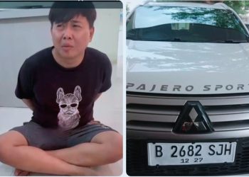 Tersangka dan Barang Bukti (BB) Mobil Pajero Sport yang Dibawa Kabur. foto : PoldaJambi
